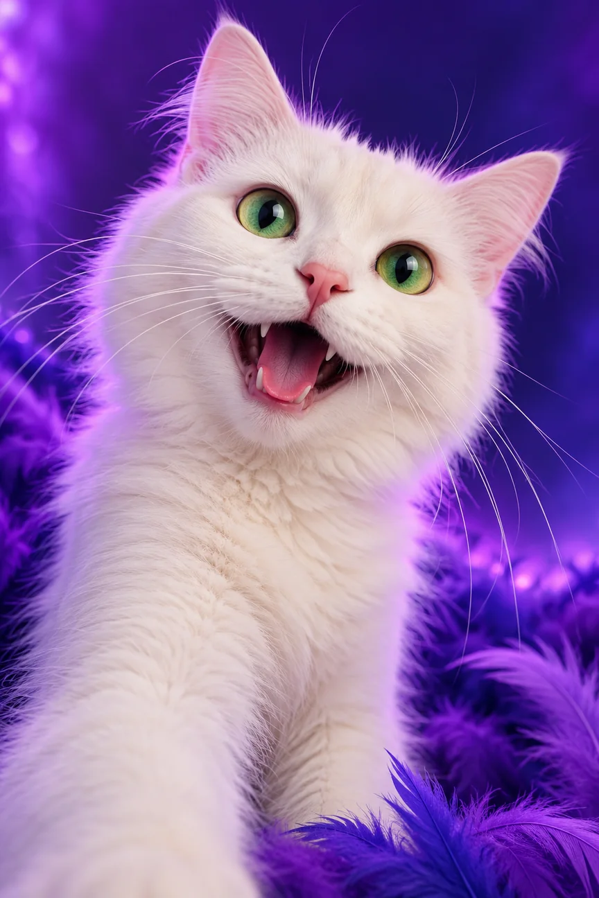 A white cat with a joyful open-mouth expression